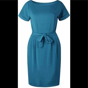 Cotton, Dark Cyan Knee High, Pencil Dress with Belt On Waist, Size Medium